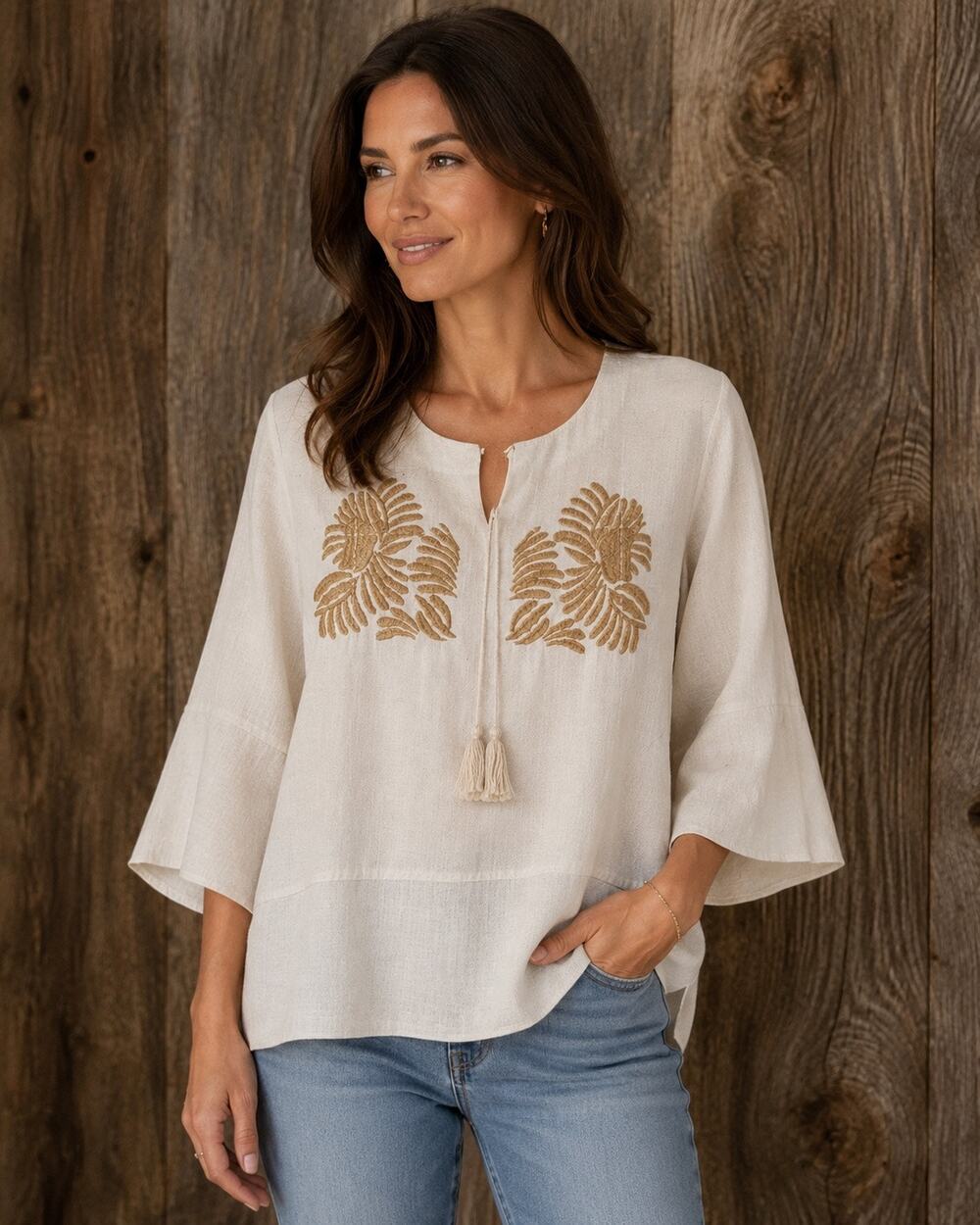 Boho Mexican Embroidered Peasant Blouse White Gold Tassel Tie 3/4 Bell Sleeve L